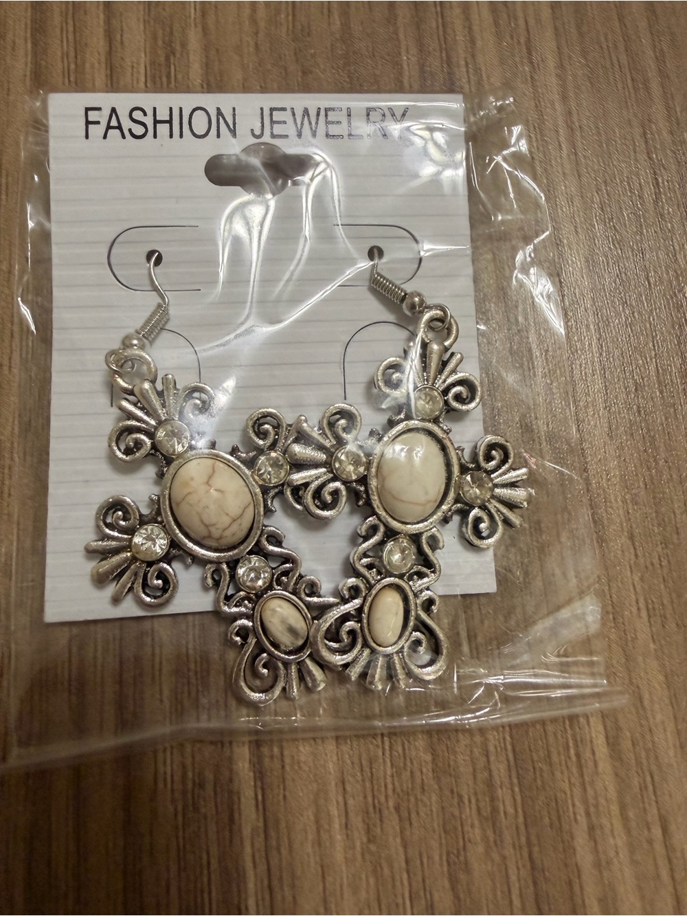 Fashion Jewelry Silver-Tone Cream Oval Stone Filigree Drop Earrings